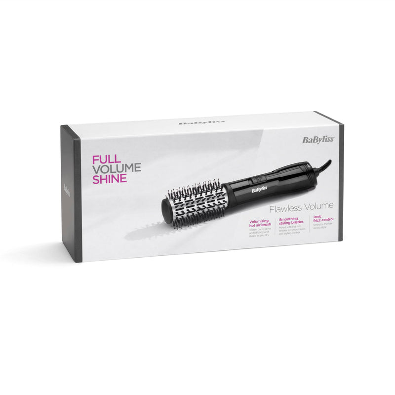 BaByliss Flawless Volume Hot Air Brush - Dry and Style in One, Titanium-Ceramic 38mm Barrel for Smoothness, Ionic Frizz-Control, Black, 2764U Single