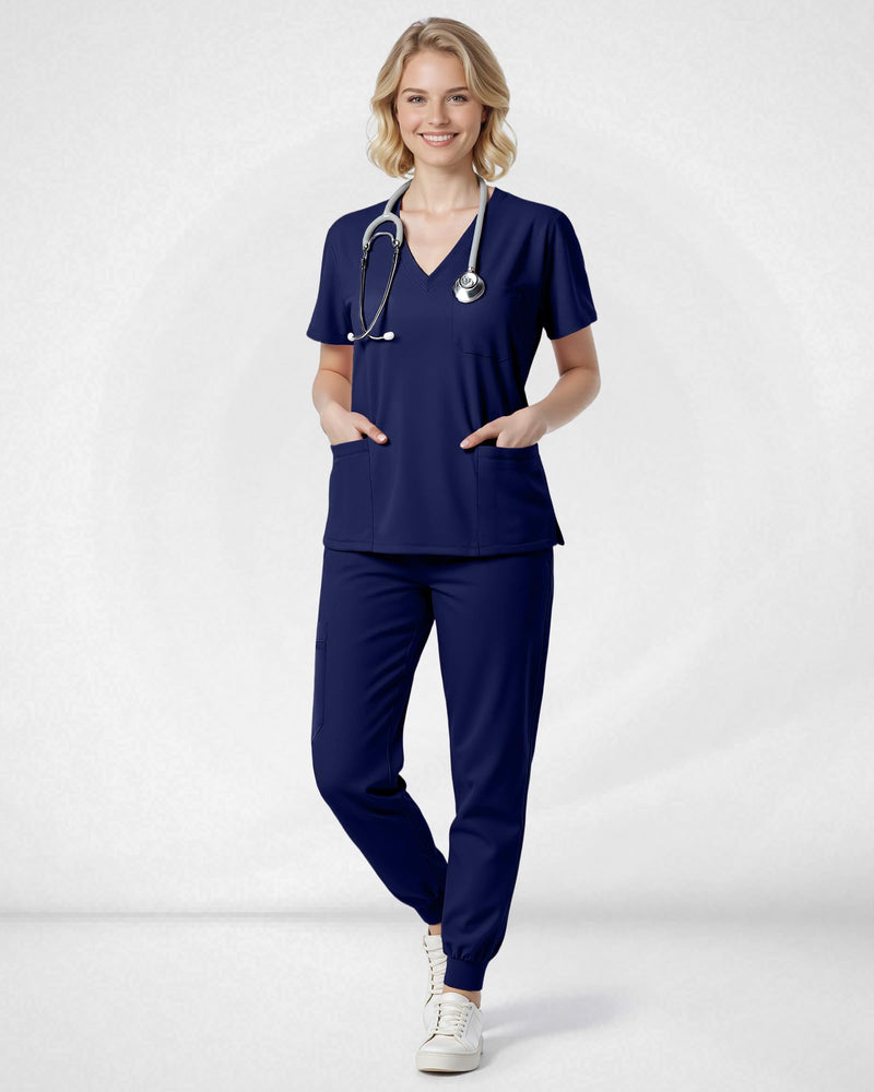 Scrubs for Women Set, Stretchy V-Neck Top & Jogger Pants with Multi-Pocket Yoga Waistband Large Navy Blue