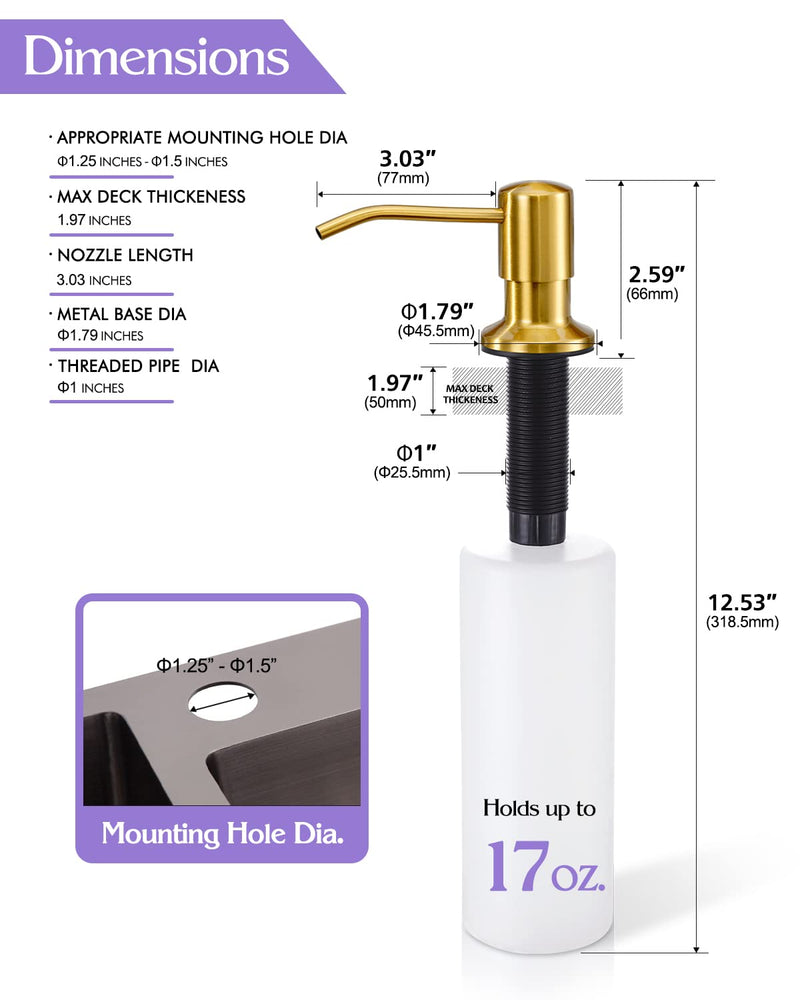 Soap Dispenser for Kitchen Sink Brushed Gold, Built in Stainless Steel Kitchen Soap Dispenser, Refill from The Top,in Counter Kitchen Sink Soap