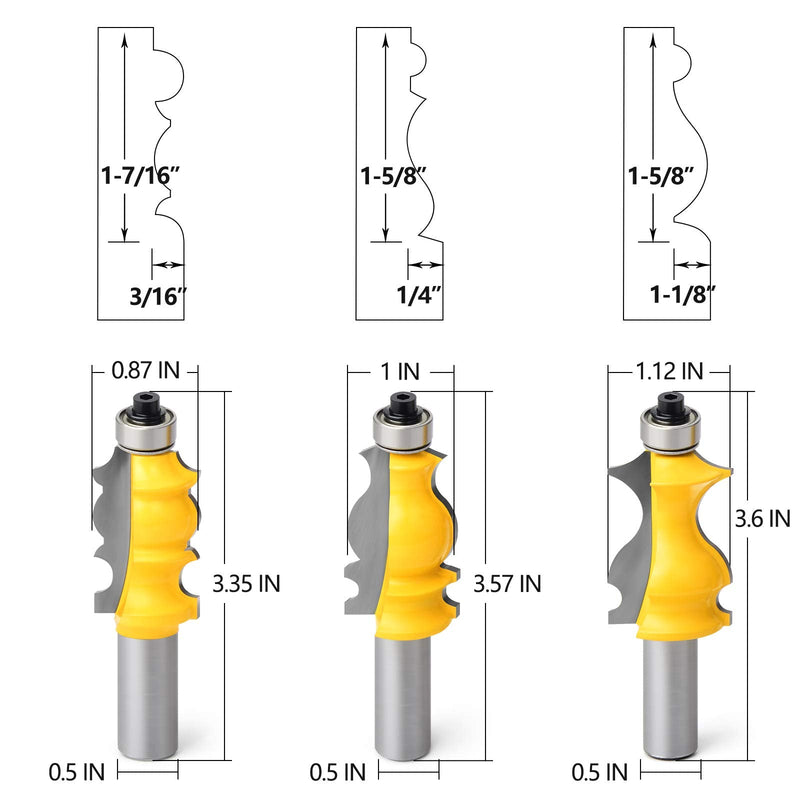 5Pcs 1/2-Inch Shank Architectural Molding Router Bit Set Architectural Molding Router Bits