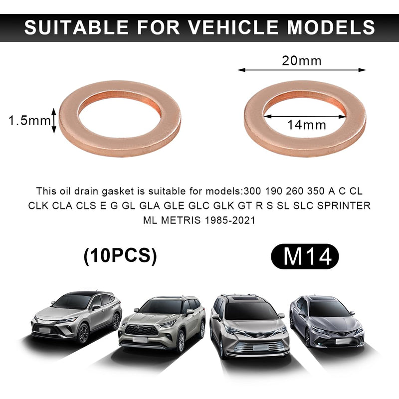10 PCS Oil Drain Plug Gasket, 14mm Copper Oil Drain Plug Washer Gaskets, Drain Plug Gasket Crush Washer Seals Compatible with OEM 007603-014106, Automotive Replacement 10 PCS