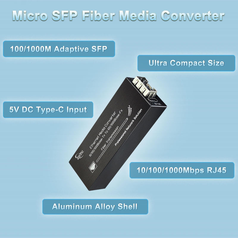 Mini Gigabit Fiber Media Converter Pair 10/100/1000Mbps with Matched SFP Module Pair (SM Single Fiber 1310nm/1550nm 20km), USB Type-C 5V Power Input, for CCTV/IP Cameras SMSF