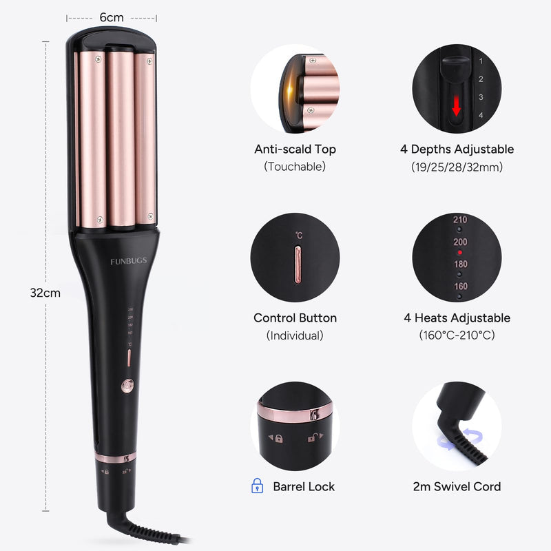  [AUSTRALIA] - Mermaid Hair Waver - 4 Adjustable Heights for Short Medium Hair | Beach Waves Curling Iron with Ceramic Coating, 5 Heat Settings, 1h Auto Shutoff, 100V-240V | Includes 2 Clips, Glove and Mat 19/25/28/32mm