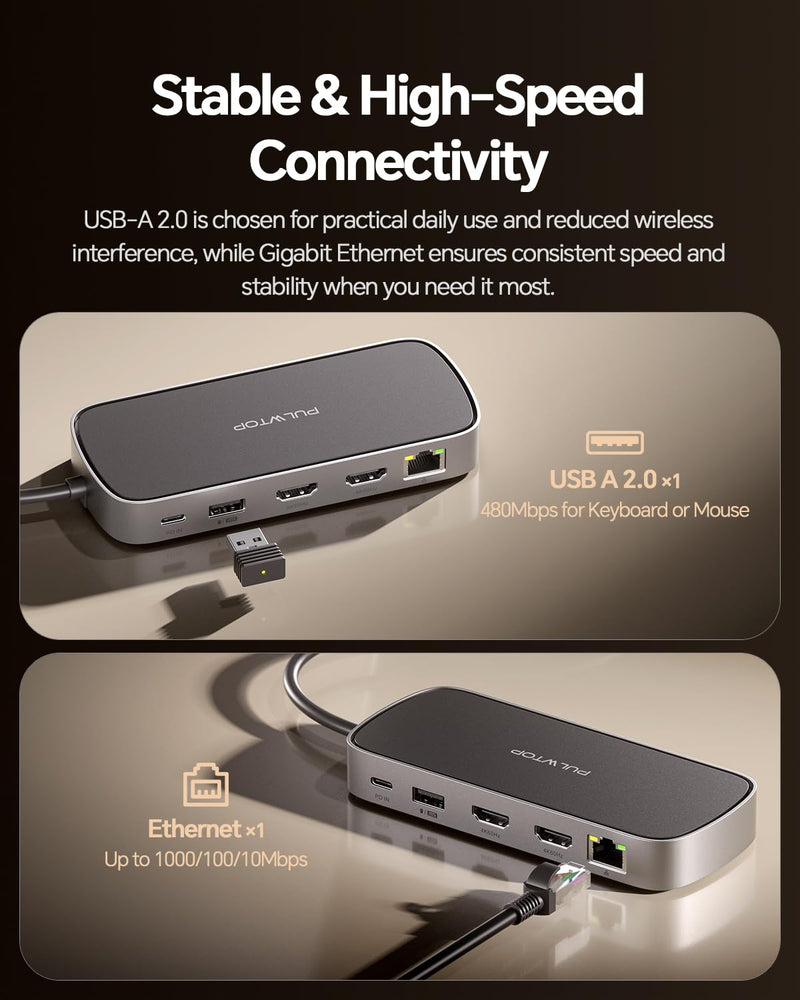 MacBook Pro Docking Station Dual Monitor 4K@60Hz for M5/M4/M3 Pro & Max | PULWTOP Mac Docking Station Dual Monitor, Macbook Pro Dock Hub with 2 HDMI, Ethernet, USB 10Gbps for Mac Multi-Screen Users Macbook Pro Docking Station Dual Display