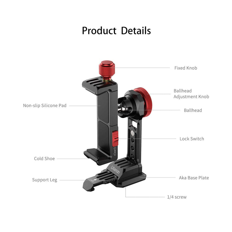  [AUSTRALIA] - ULANZI ST-14 Smartphone Tripod Mount Adapter Aluminum with Cold Shoe, 360° Cell Phone Stand Holder Clamp for iPhone 13 12 11 Max Pro iPhone X XR Xs 6 7 Plus