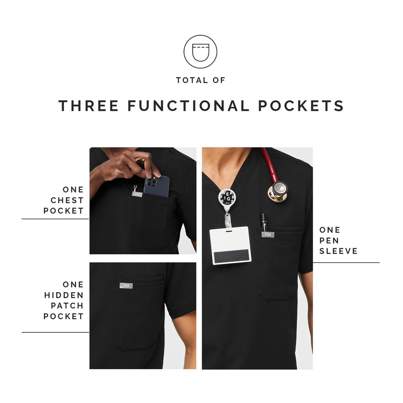 FIGS Leon Scrub Top for Men – 3 Pockets, Tailored Fit, Modern V-Neck, 4-Way Stretch, Moisture-Wicking Medium Black