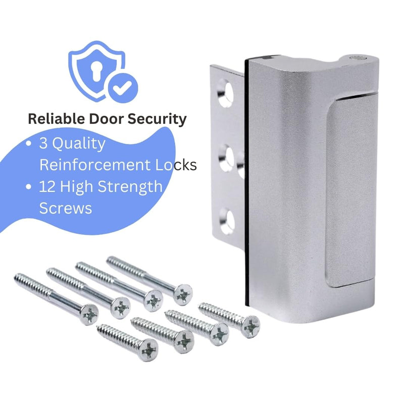 A-Four Home Security Door Reinforcement Lock 3 Pack - Durable Aluminum Alloy, Withstands 800 lbs of Force, Family and Child Safety Locks for Doors with 24 Stainless Steel Screws, Silver Finish Pack of 3