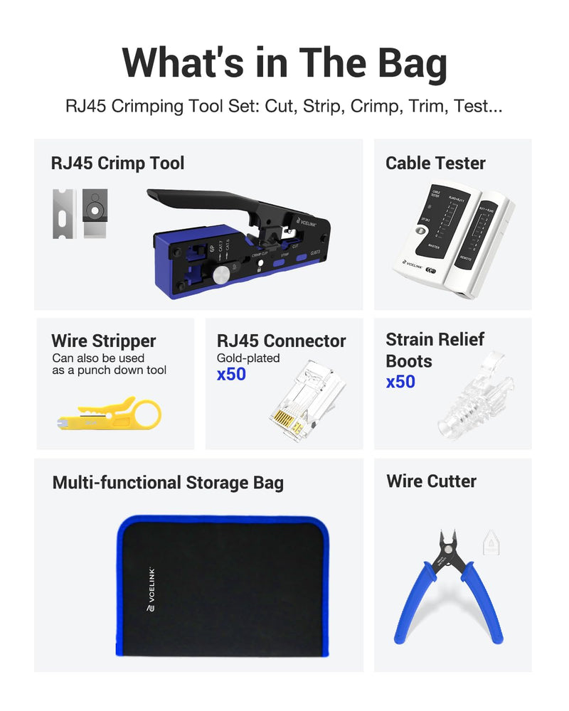 VCELINK RJ45 Crimp Tool Kit for CAT7/6A/6/5E/5, Upgraded Network Tool Set with an Ethernet Crimper, 50 RJ45 Connectors & Boots, Cable Tester, Wire Stripper and Cutter in a Cloth Bag, Blue Advanced Set
