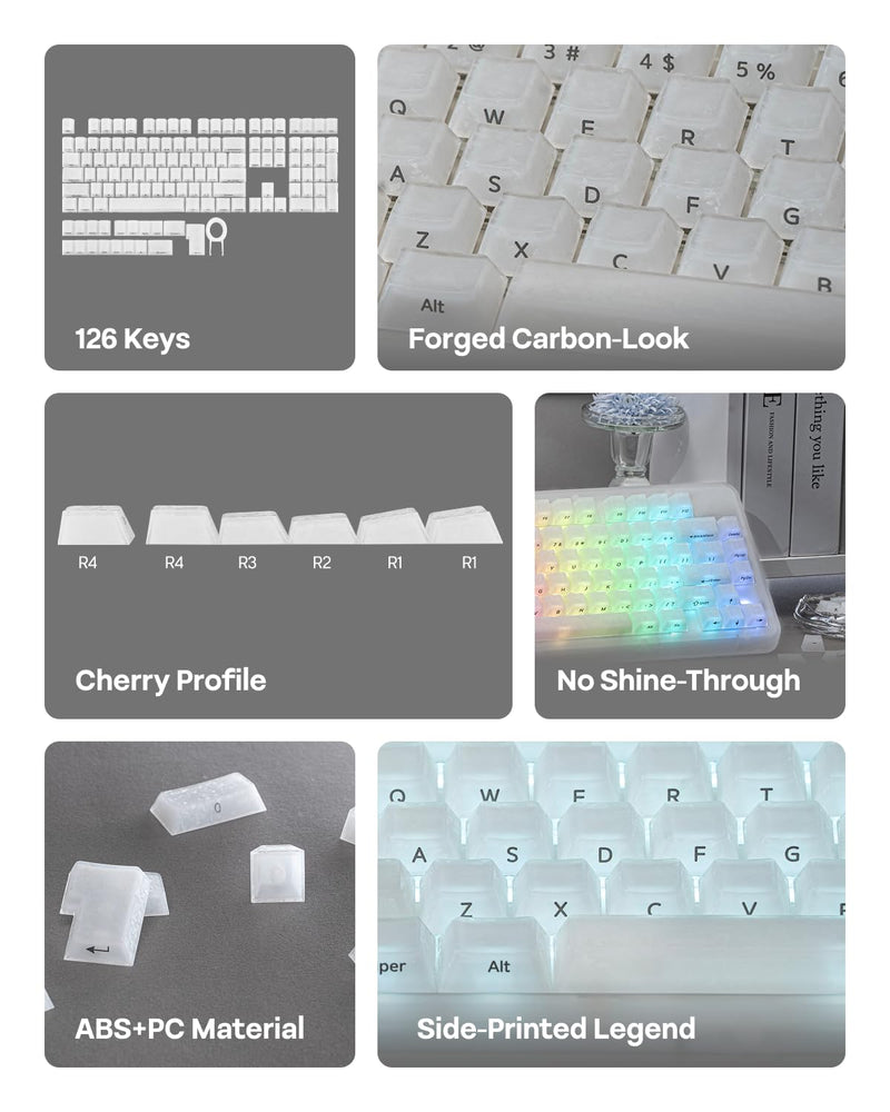 EPOMAKER Frost Jelly Keycaps Set, 126 Keys Forged Carbon Fiber Keycaps | Cherry Profile, ABS+PC, MX-Style Compatible for 61/68/84/87/98/100/104/108 ANSI Layout Mechanical Gaming Keyboards (White) White