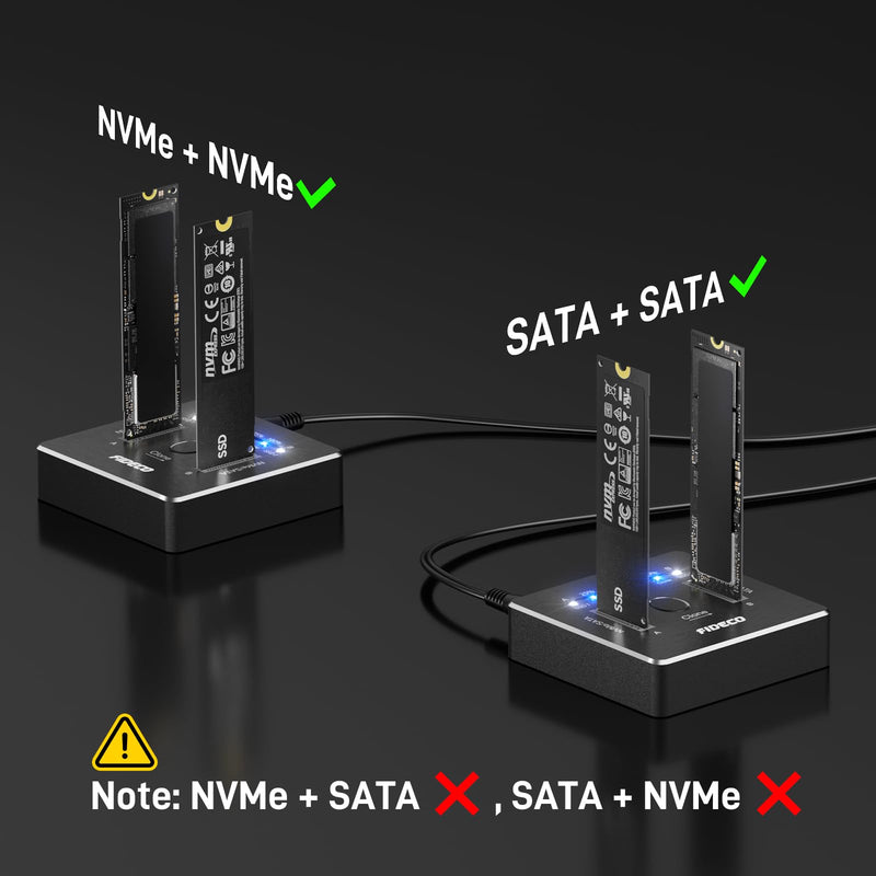 FIDECO M.2 NVMe SATA SSD Cloner Dock, USB 3.2 Gen 2 X 2, 20Gbps Dual NVMe SATA SSD Enclosure, M.2 Duplicator Cloner, Support Offline Clone, UASP and Trim, Aluminum Design