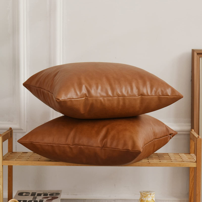 Tosewever Faux Leather Throw Pillow Covers, 20 x 20 inch Set of 2 Luxury Cognac Brown Modern Pillowcases Solid Decorative Square Cushion Cases for Bedroom Living Room Couch Bed Sofa (Brown, 20" x 20") 20" x 20" (Pack of 2)