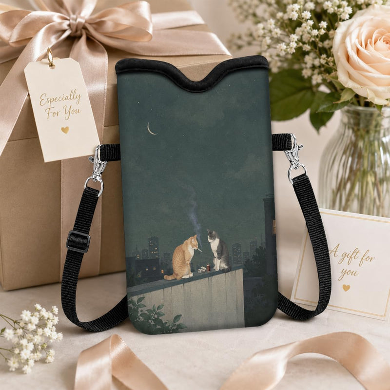 Neoprene Cell Phone Sleeve Pouch Case Bag with Crossbody Strap, 7.1x3.9 in, Shockproof Phone Bag with Neck Lanyard, Fits Most Phones, Rooftop Cat
