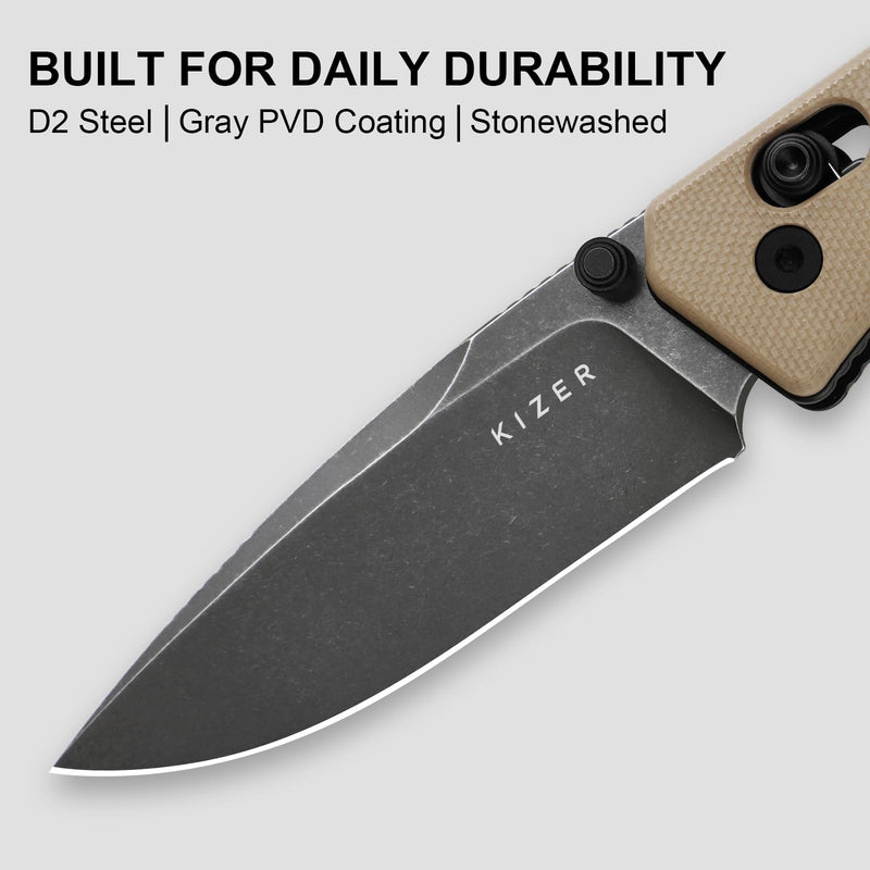 Kizer Aegis EDC Pocket Knife, 2.8" D2 Steel Drop Point Folding Knife with Sand G10 Handle, Thumb Stud Opener Clutch Lock, Pocket Knives for Camping Hiking V3774M1 D2 Steel+Sand G10 Handle