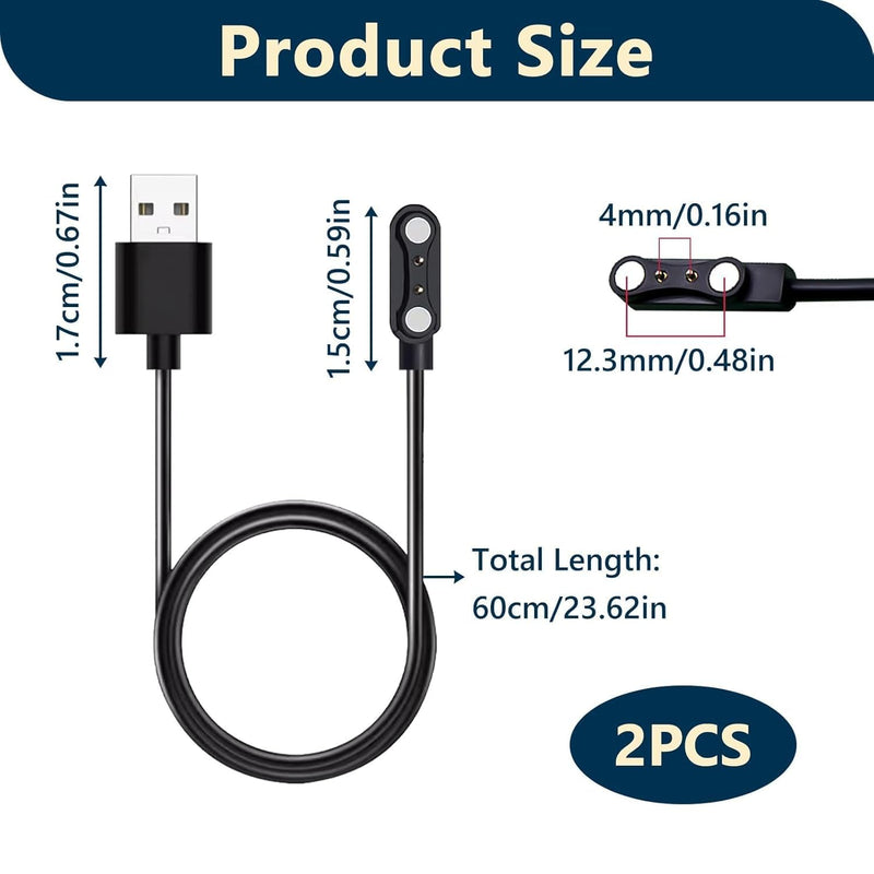 2-Pack Smart Watch Charger for GloryFit T80 T70 T60 T50 P99 P98 - 2 Pin Spacing Magnetic USB Charging Cable - Replacement Power Cord for P45 P32 P36 & More - Smartwatch Charging Cable Accessories, 2FT