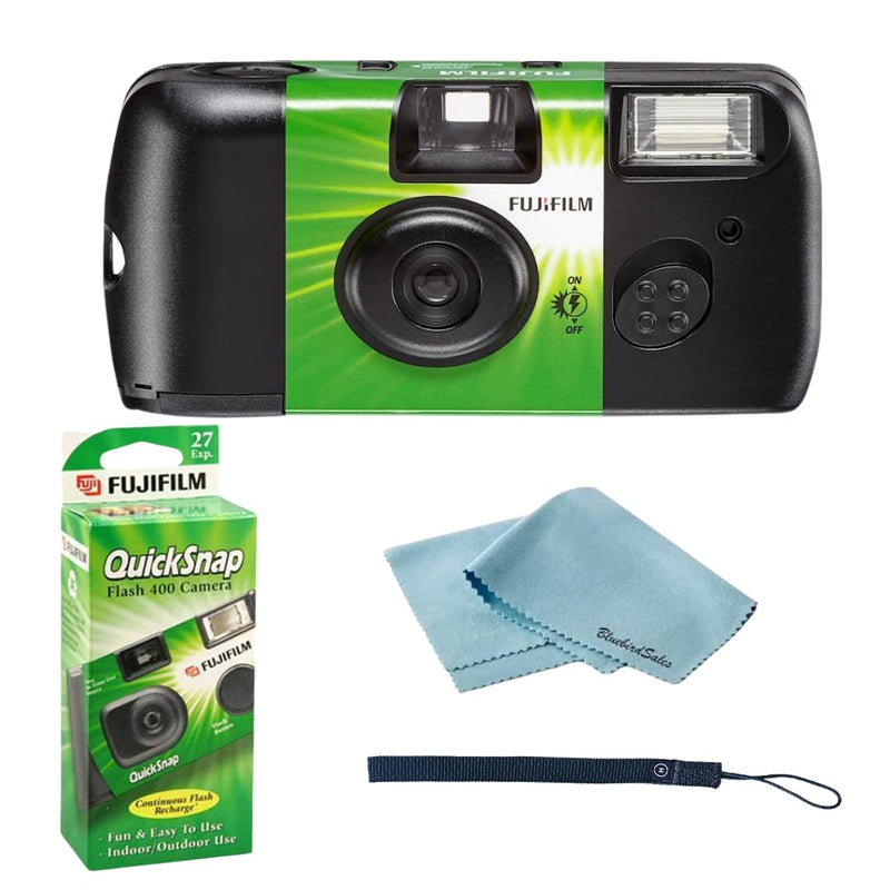 Fujifilm QuickSnap Flash 400 Disposable 35mm Camera • 4 Pack • 4 Hand Straps • 2 BluebirdSales Microfiber Cloth, Green, 7033661