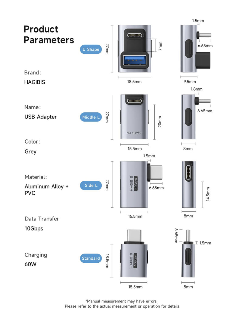 Hagibis USB-C to USB Adapter 2 Pack, 10Gbps 60W 90 Degree USB Type-C Male to USB-A Female Connector, Right Angle OTG Adapter for iPhone 17/16/15 Pro Max, iPad Pro, Car, Laptop, PC (Side L-Shape) Side L-Shape