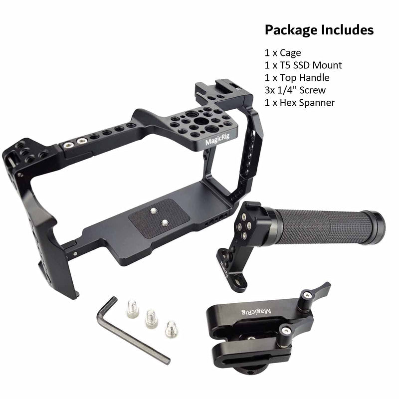 BMPCC 6K Pro Cage Rig for Blackmagic Design Pocket Cinema Camera 6K Pro & G2, with Rubber Top Handle, T5 SSD Mount Clamp -579 cage + rubber top handle + T5 holder