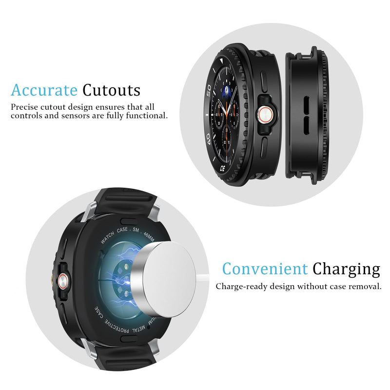 Amizee Metal Case Compatible with Samsung Galaxy Watch 8 Classic Case 46mm, Rugged Protective Bumper with Back Cover Resistant Protection Cover for Galaxy Watch 8 Accessories, Black/White