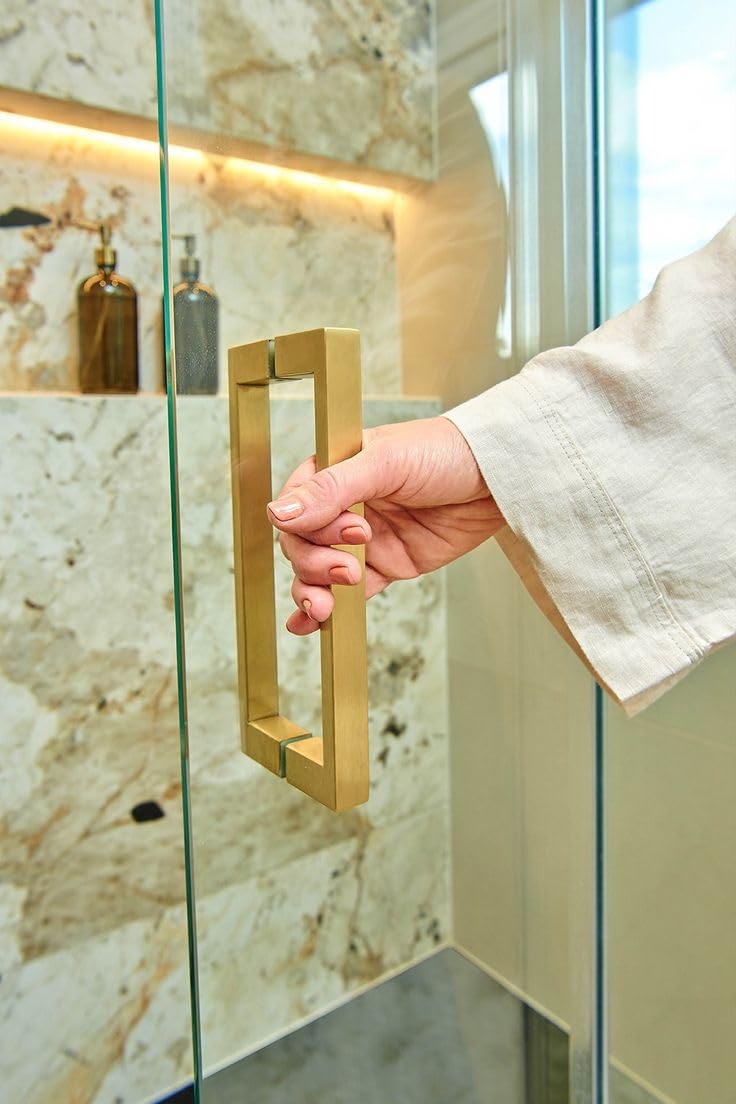 Shower Door Handle Stainless Steel 152mm/6 inches Square Corner Back to Back Double Side Pull for 1/4" to 1/2" Thickness Glass - Brushed Gold 6 inch Rectangle Handle