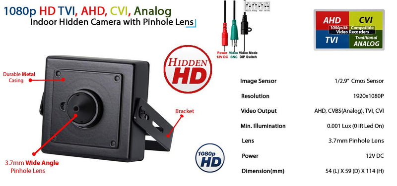 Evertech 1080p HD 4in1 AHD TVI CVI, Analog Indoor Mini Hidden Camera with Wide Angle Pinhole Lens