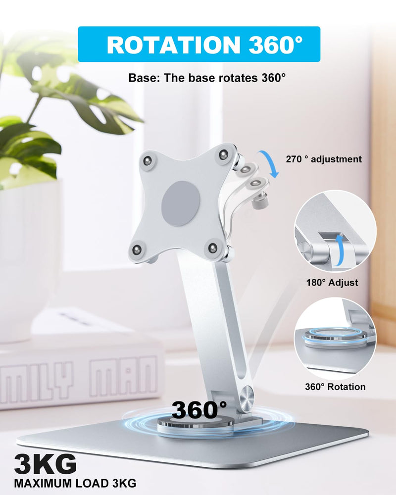 75x75mm VESA Monitor Mount Stand, M4 Anti-Loss Screws, Aluminum Alloy Base, Fits 7"-18" Small Portable Monitors, Silver Foldable Lay Flat Monitor Stand (Not Fit 100x100mm Vesa)