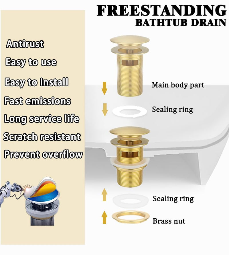 Brass Freestanding Tub Drain, Pop Up Freestanding Tub Drain Plug, Fits Most Freestanding Tub Drain Kits (Brushed Gold) Brushed Gold