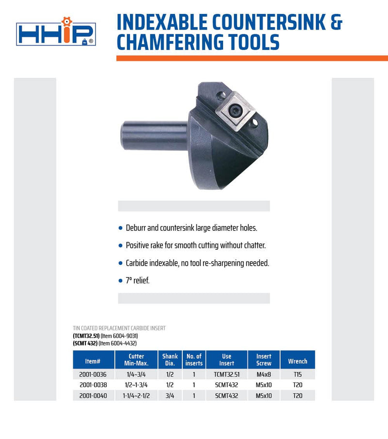HHIP 2001-0036 1/4-3/4 Inch Indexable Countersink & Chamfer Tool, 82 Degree 1/4" -3/4"