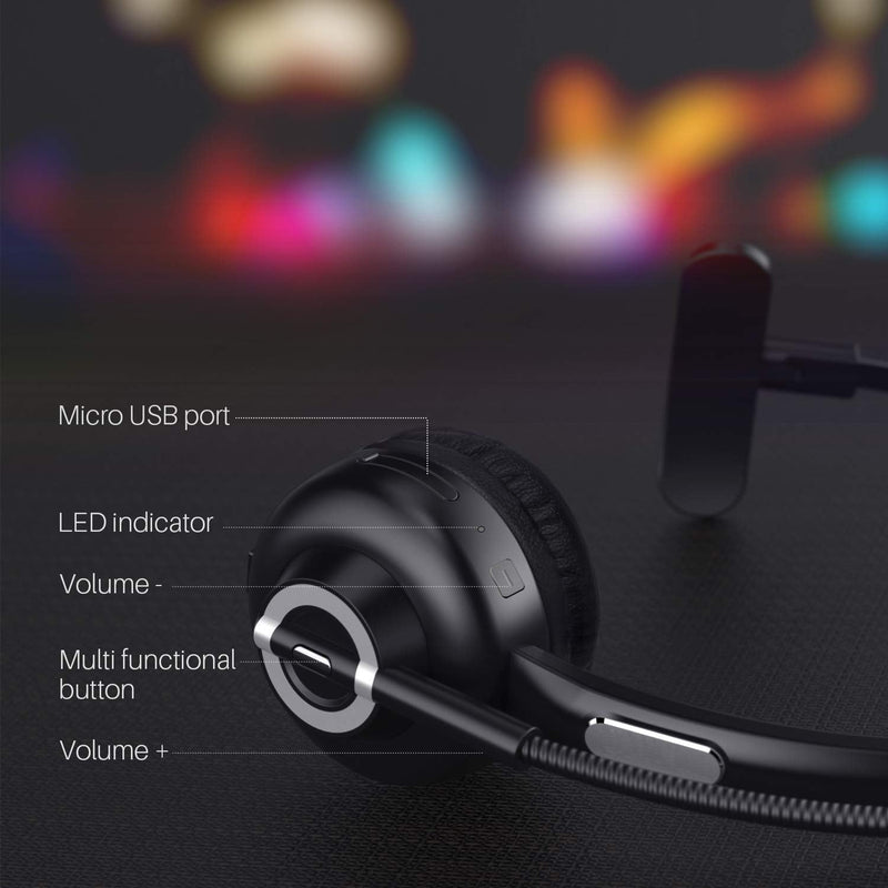 MERAIJIN Trucker Bluetooth Headset Wireless Headset with Microphone | OverHead Headphones with Noise Cancelling Sound On Ear Car Earphones Office Earpiece for Cellphone Call Center Bluetooth V5.0