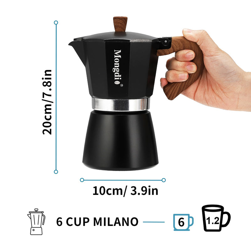 Mongdio Stovetop Espresso Maker Moka Pot, Cuban Coffee Maker Stove top coffee maker Moka Italian Espresso Greca Coffee Maker Brewer Percolator, 6 Espresso Cups, 10 oz - Black 6 cup