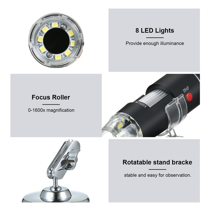Andoer USB Digital Microscope 1600X Magnification Camera 8 LEDs with Stand Portable Handheld Inspection Magnifier