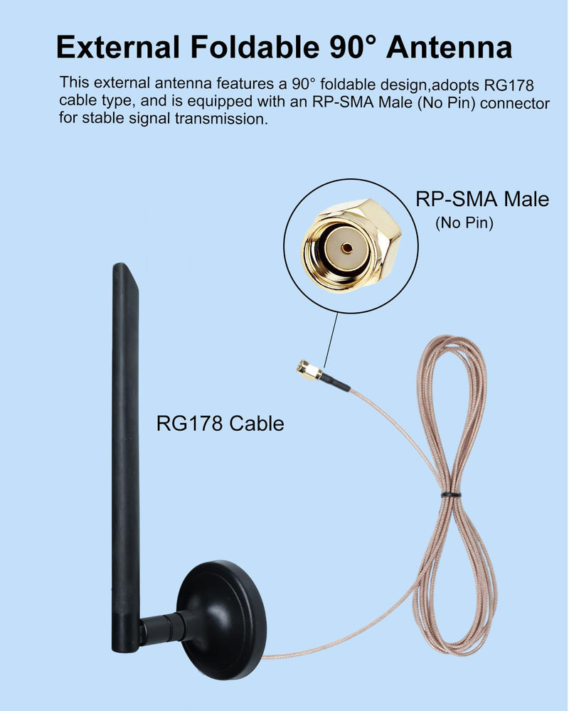 Foldable 5dBi Magnetic Truck RV WiFi Antenna, No Drilling Needed | RP-SMA Male 2.4GHz External Antenna with 9.8ft RG178 Cable for Semi Truck, Van, Dash Cam & Backup Camera - Heavy Duty