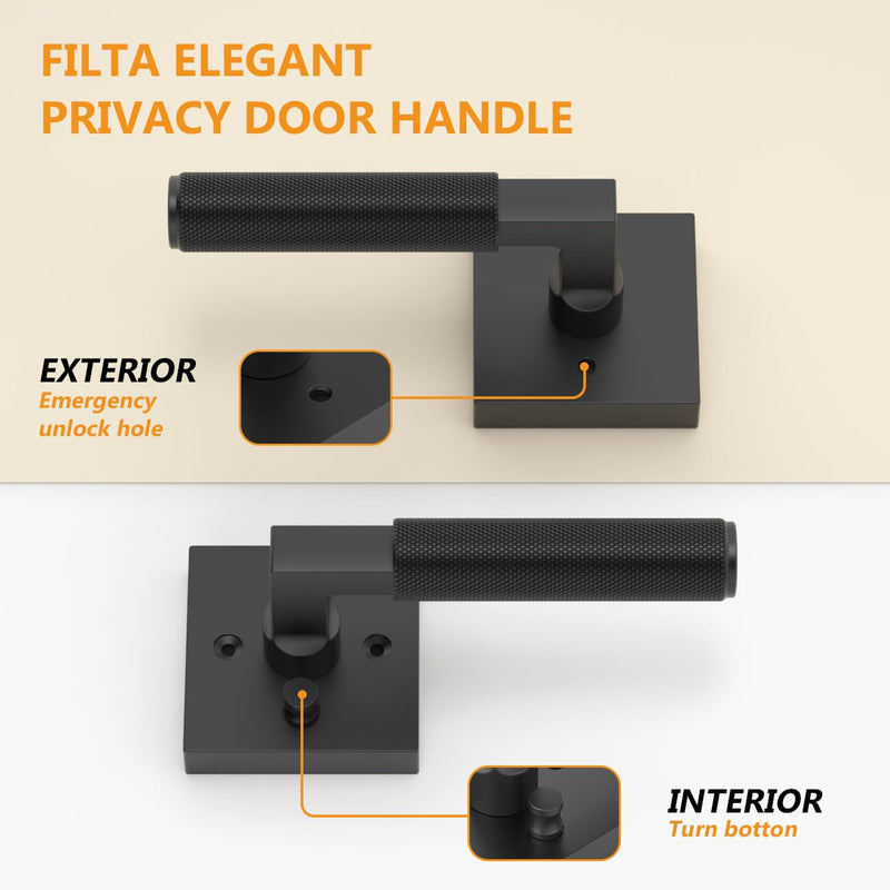 FILTA 1 Pack Matte Black Privacy Door Handles, Knurled Door Levers Interior Matte Black Door Lever Bathroom Door Knobs Heavy Duty Square Door Lock