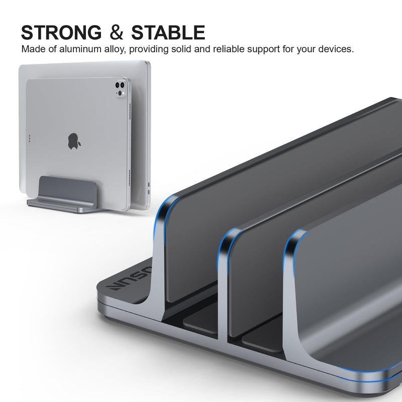 Dual-Slot Aluminum Vertical Laptop Stand for Desk - Adjustable Width Dock for MacBook, Surface, Samsung, HP, Dell up to 17.3 inches - Space-Saving & Protective Design - Gray 2-Slot