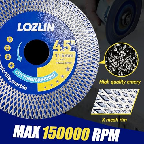 LOZLIN Diamond Blades 3-Pack 4.5" Diamond Angle Grinder Blade - Ultra-Thin Dry Cutting & Grinding Disc for Porcelain/Ceramic Tiles, Dual-Purpose Saw Blade