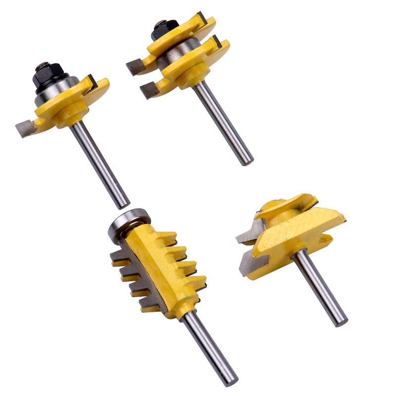 45 Degree Lock Miter Router Bit & T Shape Tongue and Groove Bit & Finger Joint Bit 1/4 Inch Shank Woodworking Milling Cutter Tool 4-Piece Set Splicing Router Bit Set 1