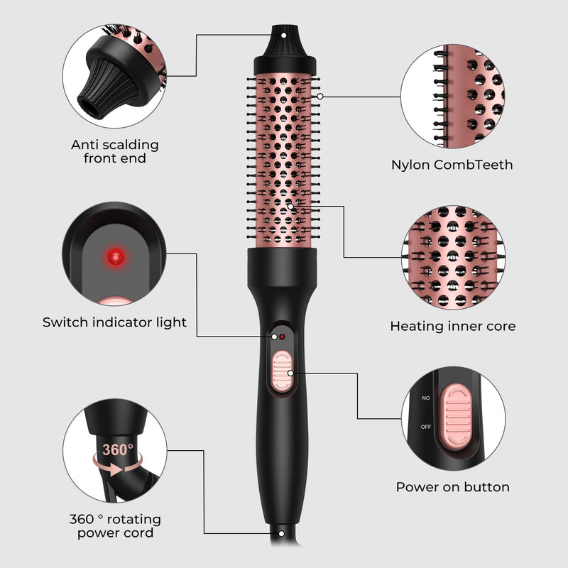 Thermal Brush, 32mm Barrel Hot Hair Brush Heated Round for Women, Heated Curling Iron Create Natural Curls Dual Voltage, UK Plug, Rose Gold