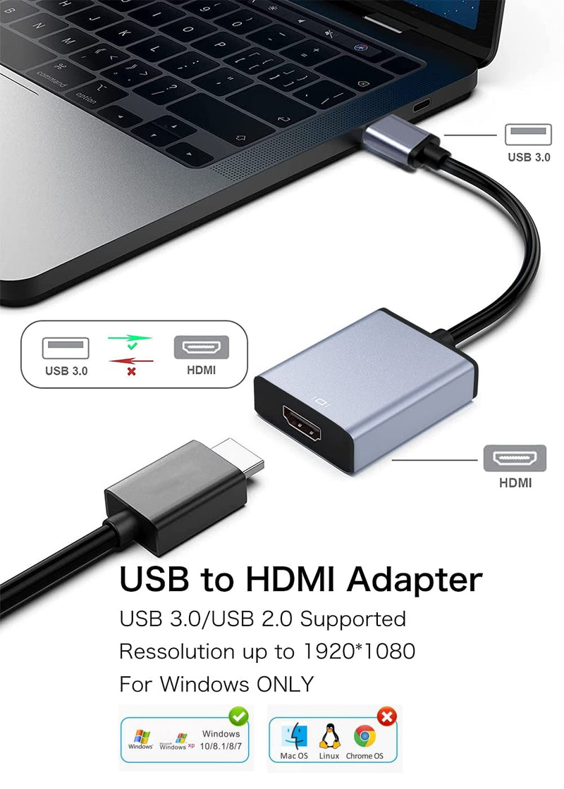 USB to HDMI Adapter, USB 3.0/2.0 to HDMI for Multiple Monitors | 1080P Compatible with Windows XP/7/8/10/11 and Mac os, Grey