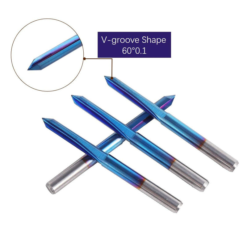 FoxAlien 10pcs V-Groove CNC Router Bits, 60 Degree 0.1mm Engraving Bits, 1/8” Shank Nano Blue Coating Sharp Bits for Wood MDF Plastics Plywood Acrylic