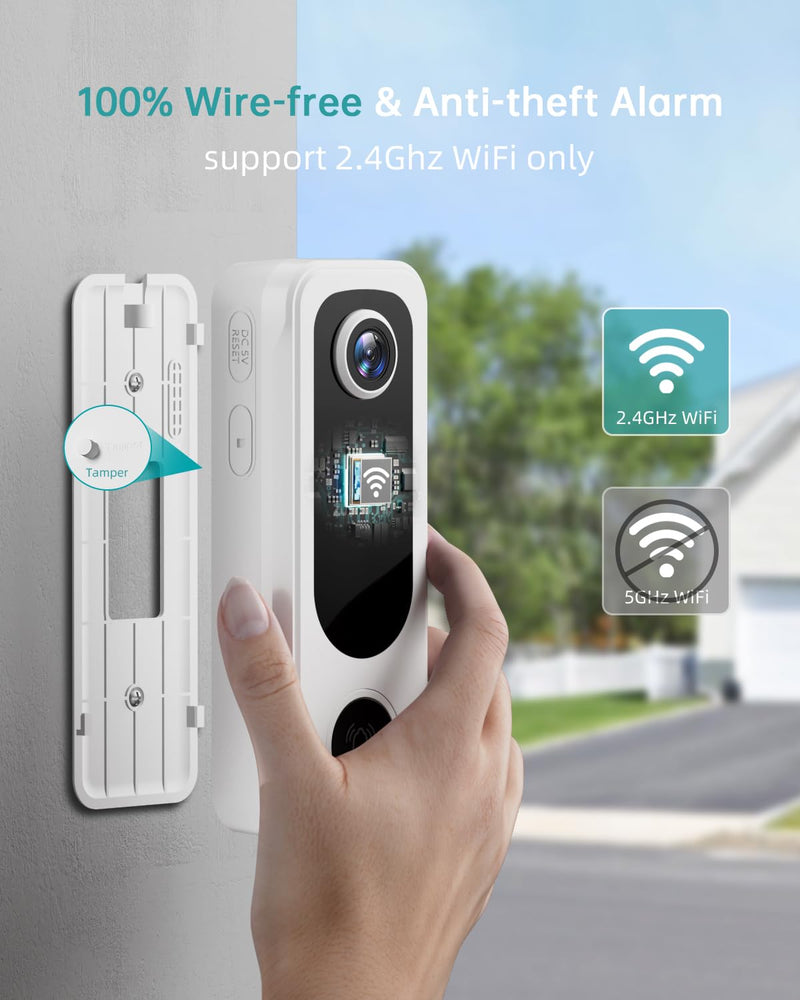 ZUMIMALL Doorbell Camera Wireless, Video Doorbell Wireless with Chime&SD, 2 Way Audio, Voice Changer, 30s Voice Message, Anti-Theft, AI Detection, 2.4Ghz WiFi, Battery Powered, Work with Alexa, White