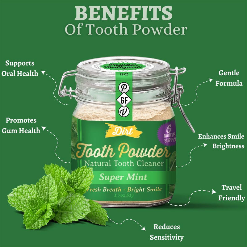 The Dirt - Remineralizing Tooth Powder, Natural Fluoride-Free Teeth Whitening Powder with Hydroxyapatite, Flouride & Gluten Free, Organic Vegan (Super Mint, 51g: 6 Month Supply) Super Mint 1.7 Ounce (Pack of 1)