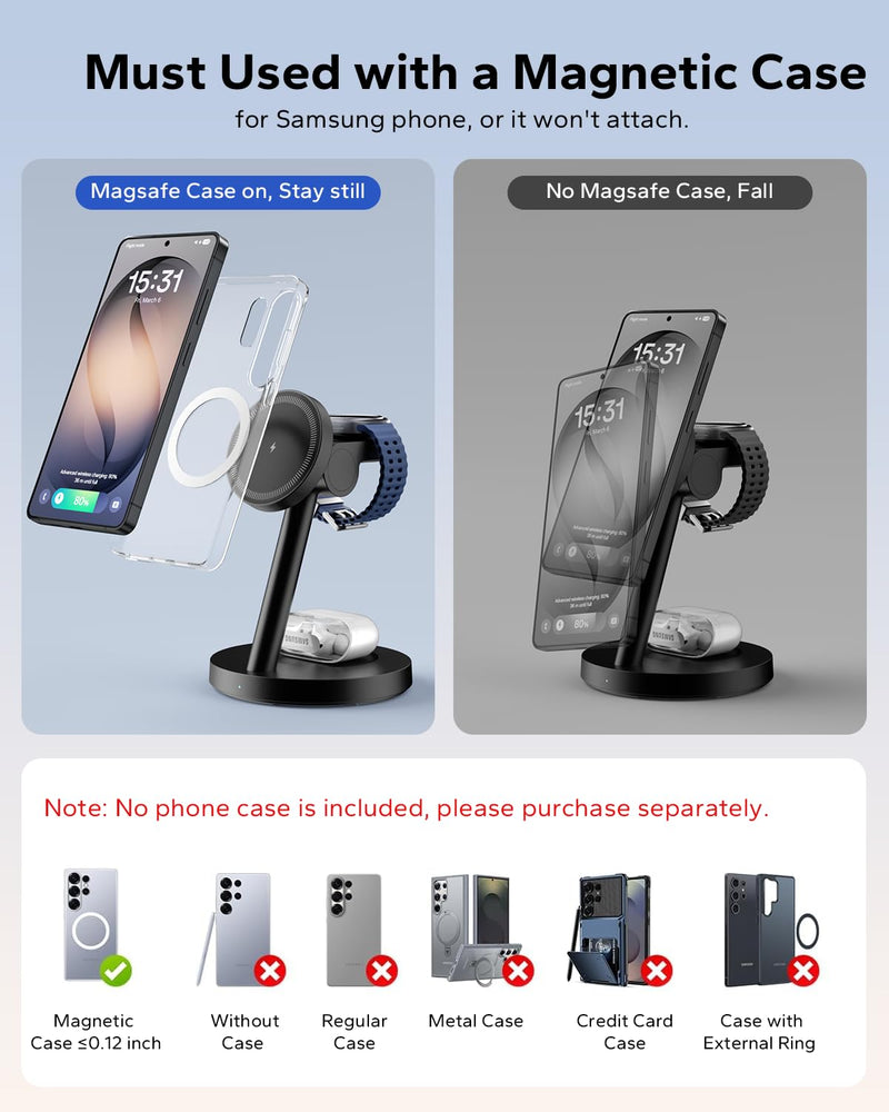 for Samsung 3 in 1 Charging Station, Magnetic Wireless Charger Stand for MagSafe for Samsung Galaxy S26 Ultra/S25/Z Fold7/Flip7, Phone Watch Charger Dock for Galaxy Watch Ultra/8/7 and Buds Black