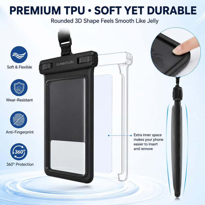 3D TPU Waterproof Phone Pouch, IPX8 Underwater Phone Case 100FT, Touch Screen Cell Phone Dry Bag with Lanyard, 7 Inch Fits iPhone 17-14 Pro Max, Samsung Galaxy S26/S25/S24 Ultra (Blue+Black) Blue+Black
