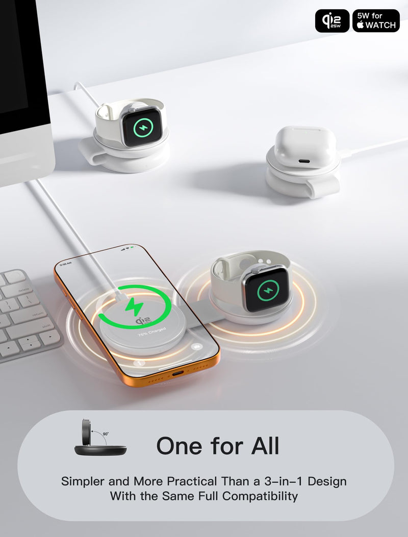 2 in 1 Magnetic Wireless Charger, Qi2 25W Fast Charging Travel Station Pad Compatible with MagSafe for iPhone Air/17/16/15/14/13/12, 5W for Apple Watch, AirPods 4/3/2/Pro with 30W Adapter (White) White