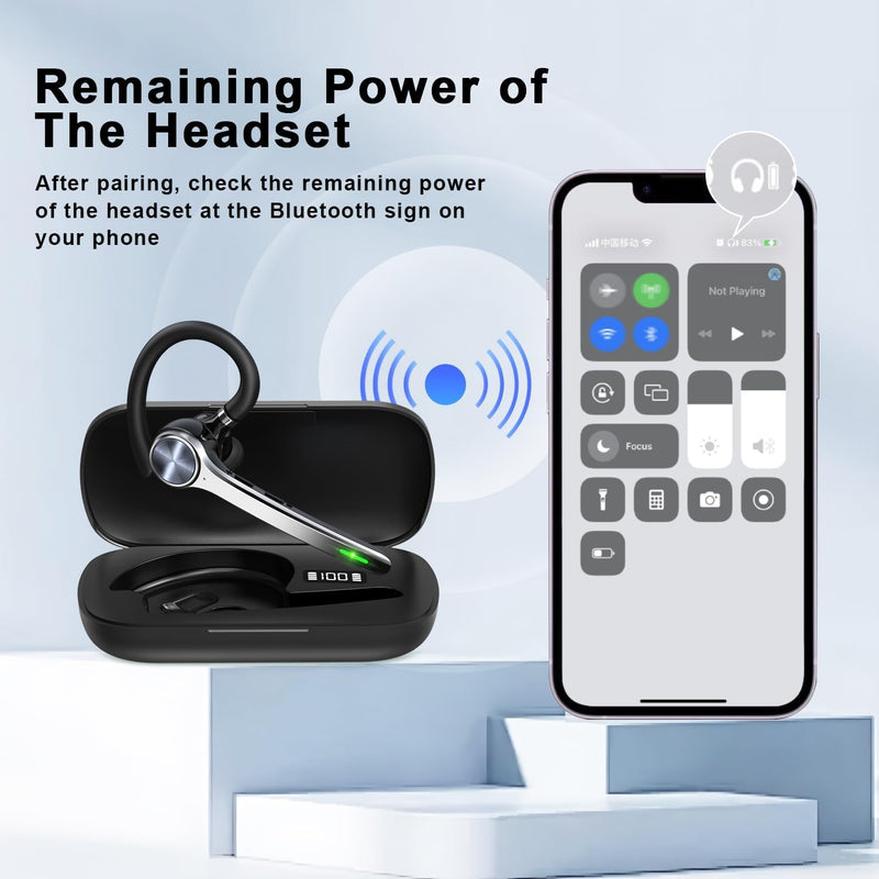HEIBAS Bluetooth Headset, Wireless Earpiece with Mic for Work | 72H Playtime, 500mAh Charging Case, Hands-Free Calling with Mute Button for Work, Trucker, Office, Driving, iPhone, Black