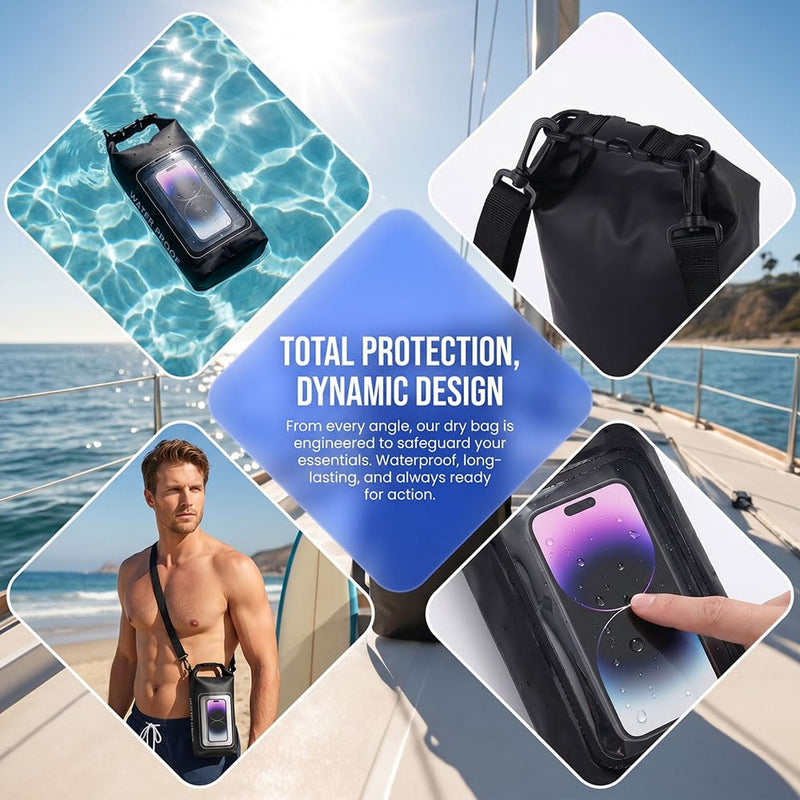 Dry Bag Waterproof for Women Men, 2L Roll Top Lightweight Dry Storage Bag Backpack with Phone Case for Travel Swimming Boating Kayaking Paddle Board Camping Beach Accessories, Black