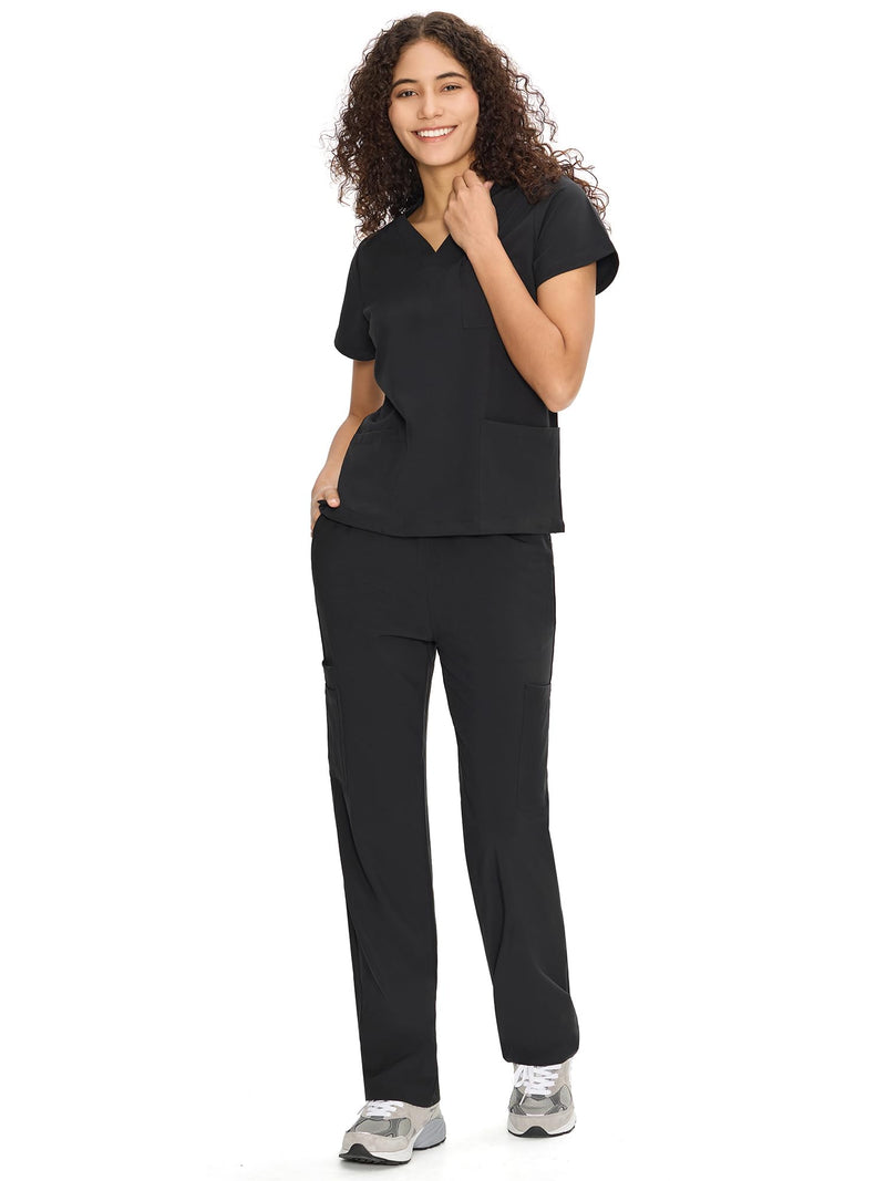COZYFIT Scrubs for Women Set Medical Uniform - V-Neck Top & Straight Leg Pants with 9 Pockets, Unisex Workwear COZY SCRUBS Standard Small Black