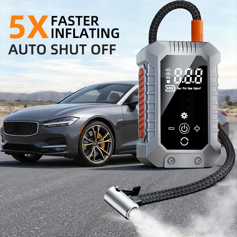 Cordless Tire Inflator Portable Air Compressor - 3600mAh Rechargeable Car Tire Pump with Digital Pressure Gauge, LED Light, Auto Shut Off, Dual Power Source for Car, Motorcycle, Bicycle, Balls Silver