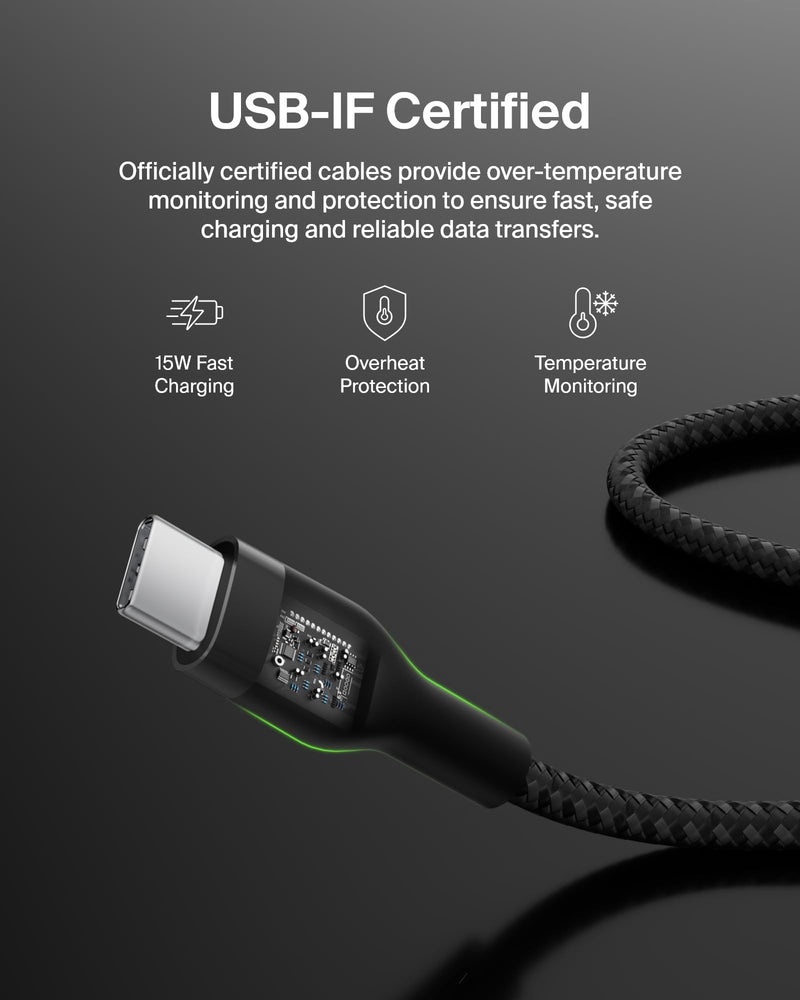 Belkin BoostCharge Pro Flex Braided USB-C to USB-A Cable (6.6ft/2M), USB-C USB-IF Certified Fast Charging Cable for iPhone 17, iPad Pro, Galaxy S25, Pixel, Nintendo Switch 2 & More - Black (2-Pack) Braided 6.6 ft - 2 pack 78.12 inches