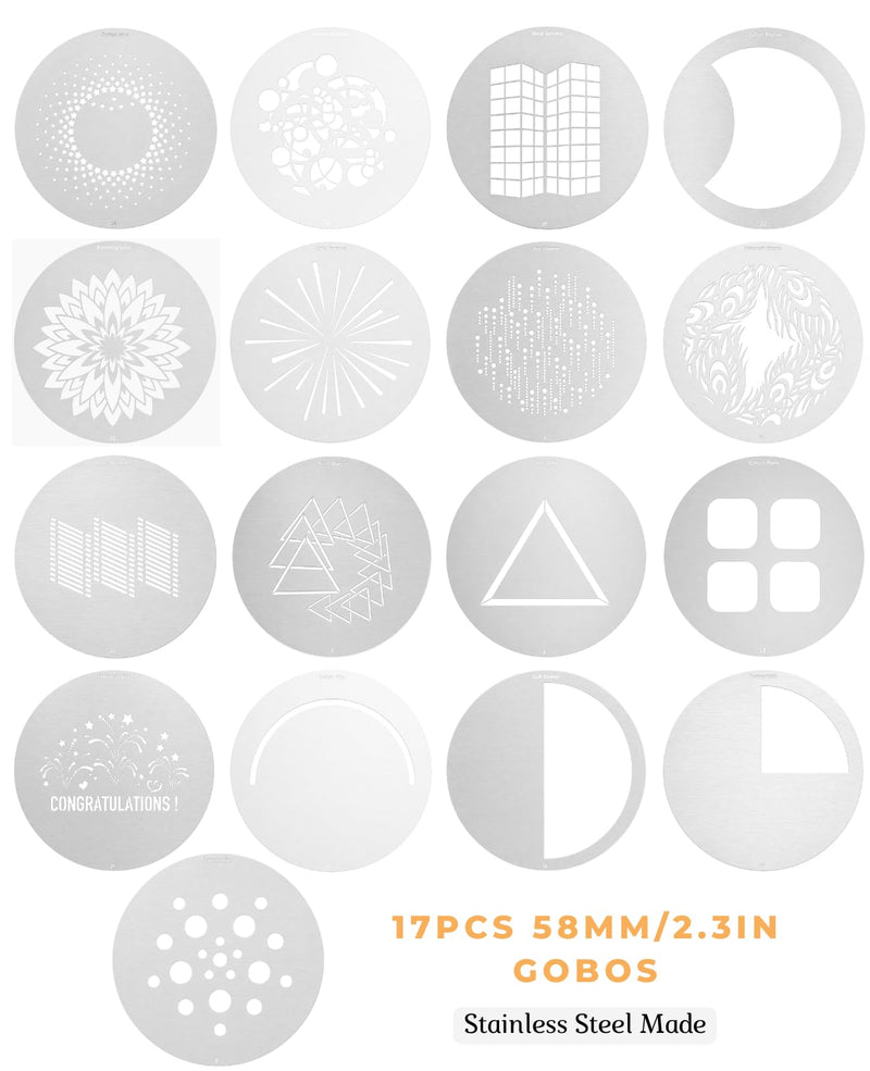 17Pcs 58mm/2.3in Stainless Steel Gobos Kit for Optical Snoot | Heat-Resistant Light Modifier Compitable with Wellmaking etc 58mm/2.3inches Emotion