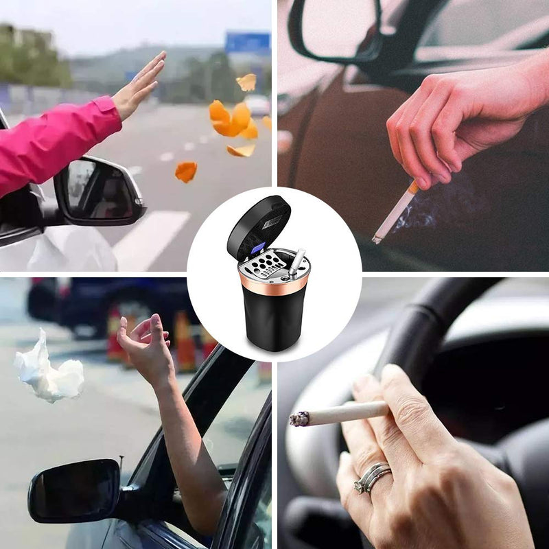 Car Ashtray, Auto Ashtray Cigar Electronic Cigarette Lighter Detachable Solar Powered/USB Rechargeable with Lid Blue LED Light for Most Car Cup Holder Home Office (Black) Black